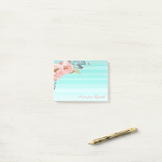 Cute Stylish Girly Waterverf Flowers, Striped Post-it® Notes (Op bureau)