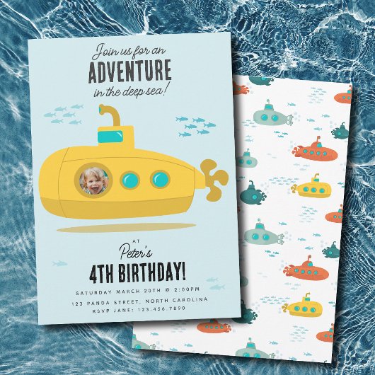 Cute Submarine Deep Sea Birthday Kids Photo Kaart