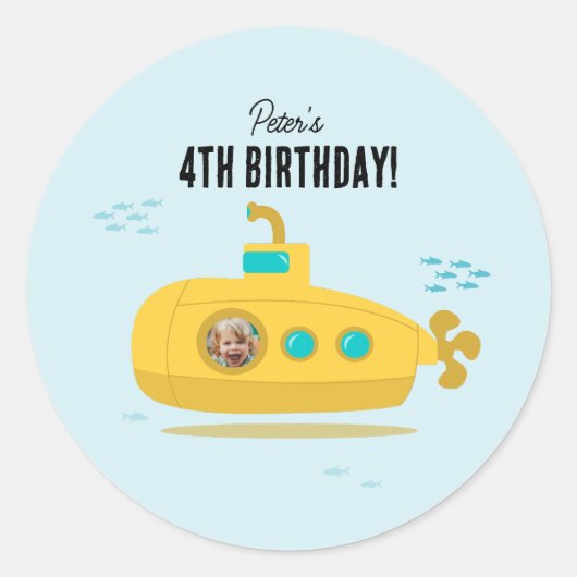 Cute Submarine Deep Sea Birthday Kids Photo Ronde Sticker (Voorkant)