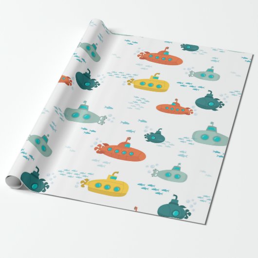 Cute Submarine Nautical Deep Sea Fish Pattern Cadeaupapier (Uitgerold)