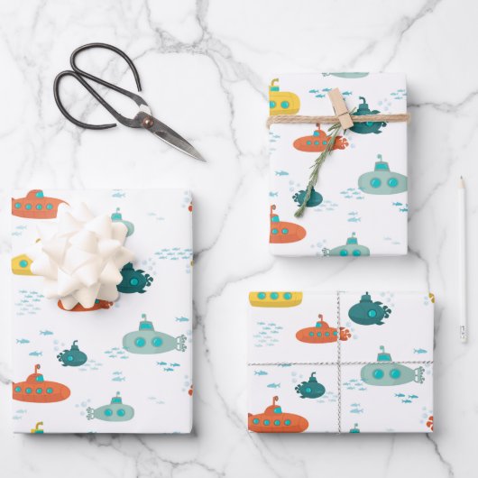 Cute Submarine Nautical Deep Sea Fish Pattern Inpakpapier Vel (Voorkant)