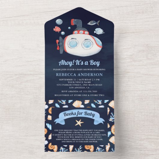 Cute Submarine Nautical Navy Blue Baby shower All In One Uitnodiging (Binnen)