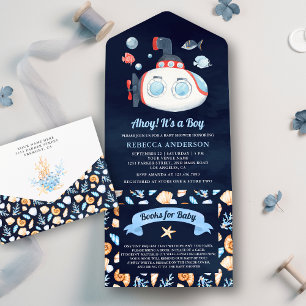 Cute Submarine Nautical Navy Blue Baby shower All In One Uitnodiging