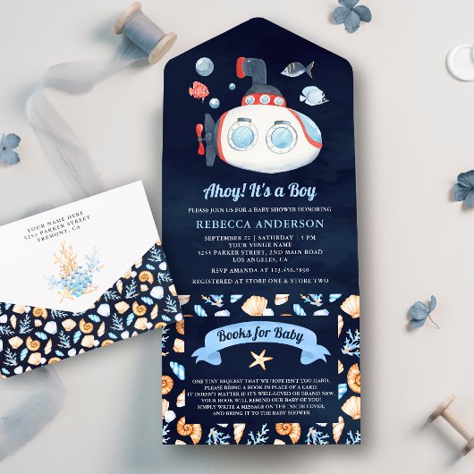 Cute Submarine Nautical Navy Blue Baby shower All In One Uitnodiging