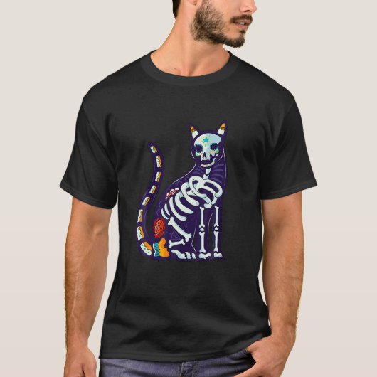 Cute Sugar Skull Mexican Cat Halloween Day of Dead T-shirt (Voorkant)