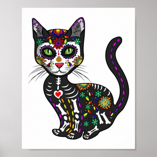 Cute Sugar Skull Mexican Cat Halloween Day of the Poster (Voorkant)
