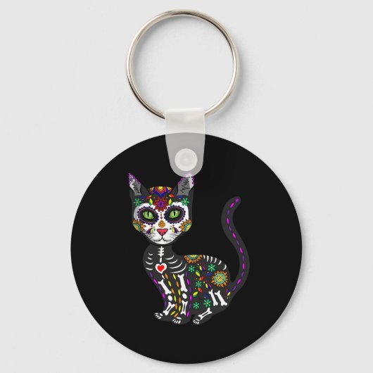 Cute Sugar Skull Mexican Cat Halloween Day of the Sleutelhanger (Voorkant)