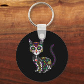 Cute Sugar Skull Mexican Cat Halloween Day of the Sleutelhanger (Voorkant)