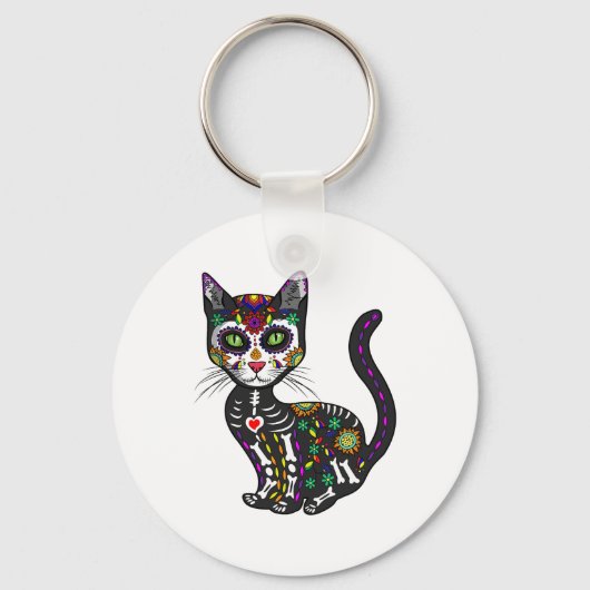 Cute Sugar Skull Mexican Cat Halloween Day of the Sleutelhanger (Voorkant)