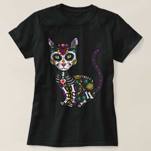 Cute Sugar Skull Mexican Cat Halloween Day of the T-shirt (Design voorkant)