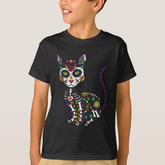 Cute Sugar Skull Mexican Cat Halloween Day of the T-shirt (Voorkant)