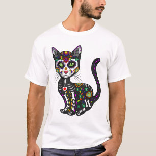 Cute Sugar Skull Mexican Cat Halloween Day of the T-shirt
