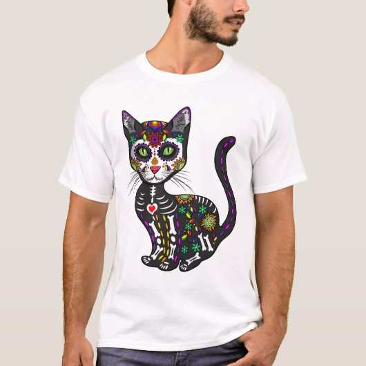 Cute Sugar Skull Mexican Cat Halloween Day of the T-shirt (Voorkant)