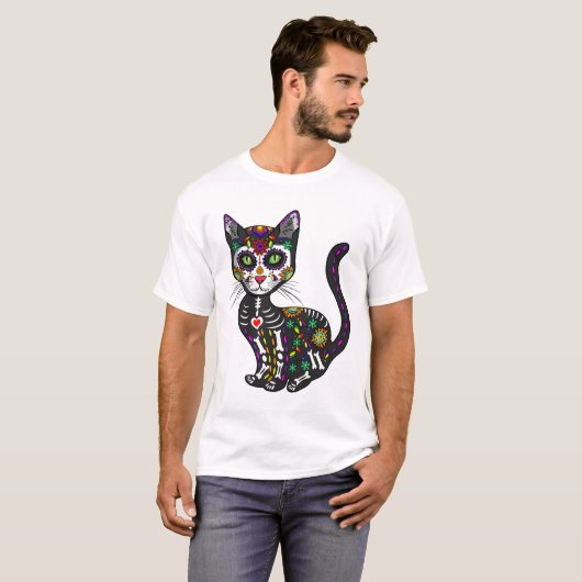 Cute Sugar Skull Mexican Cat Halloween Day of the T-shirt (Voorkant volledig)