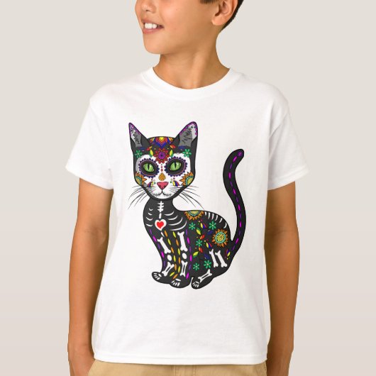 Cute Sugar Skull Mexican Cat Halloween Day of the T-shirt (Voorkant)