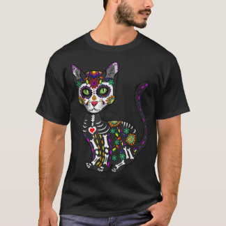Cute Sugar Skull Mexican Cat Halloween Day of the T-shirt
