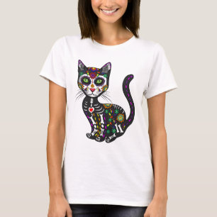 Cute Sugar Skull Mexican Cat Halloween Day of the T-shirt