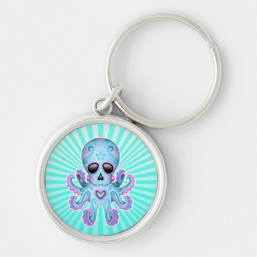 Cute Sugar Skull Zombie Octopus - Blauwe Roze Sleutelhanger (Voorkant)