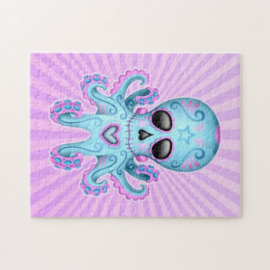 Cute Sugar Skull Zombie Octopus - Blue Paars Legpuzzel (Horizontaal)