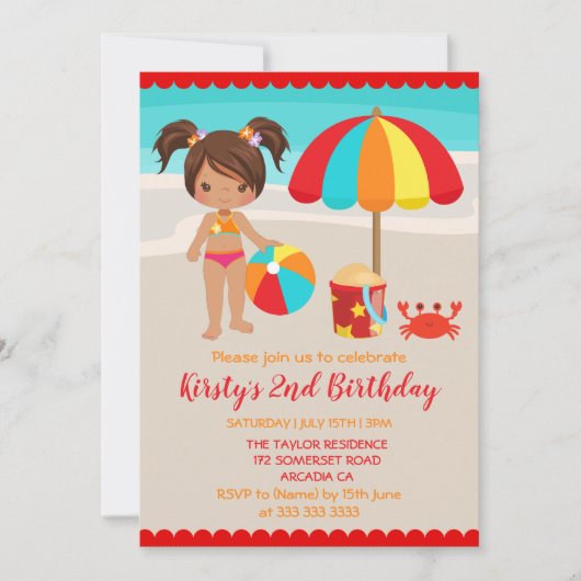 Cute Summer Beach Girl Birthday Party Kaart (Voorkant)