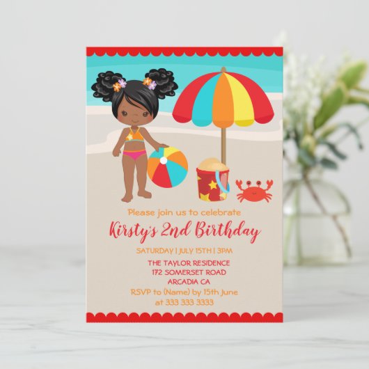 Cute Summer Beach Girl Birthday Party Kaart (Staand voorkant)