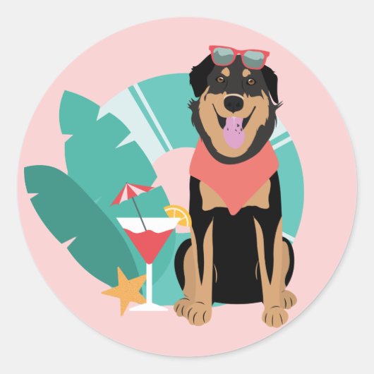 Cute Summer Dog met zonnebril Ronde Sticker (Voorkant)