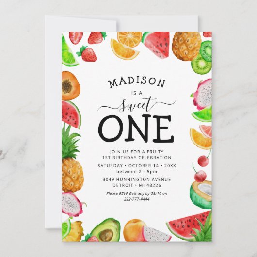 Cute Summer Fruit First Birthday Invision Kaart (Voorkant)