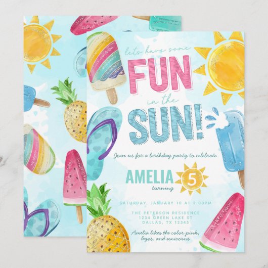 Cute Summer Fun in Sun Pool Party Birthday Kaart (Voorkant / Achterkant)