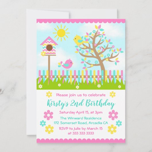Cute Summer Garden and Birds Birthday Kaart (Voorkant)