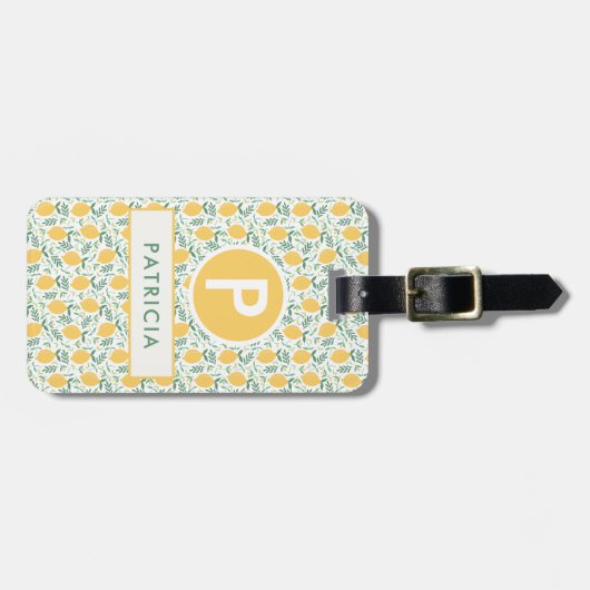 Cute Summer Lemon Botanical Pattern Monogram Bagagelabel (Voorkant horizontaal)