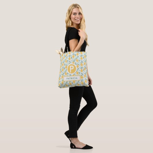 Cute Summer Lemon Botanical Pattern Monogram Tote Bag (Op model)