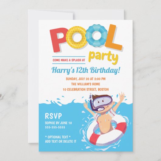 Cute Summer Pool Party Boy Birthday Kaart (Voorkant)