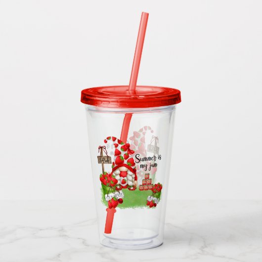Cute Summer Strawberry Gnome Acryl Drinkbeker (Achterkant)