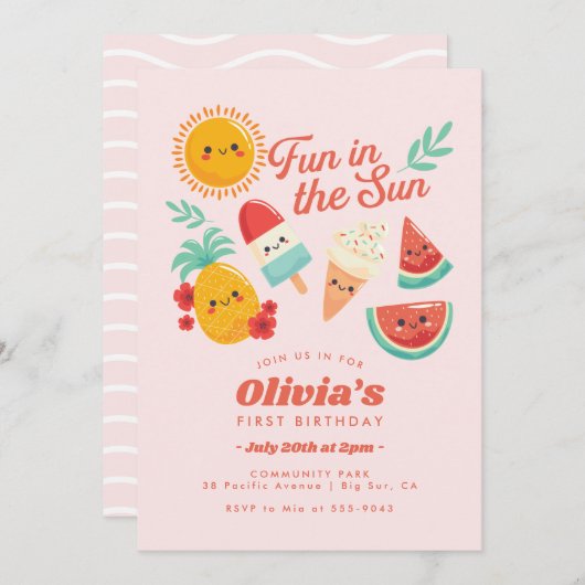Cute Summer Sun Birthday Invitation Kaart (Voorkant / Achterkant)