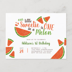 Cute Summer Watermelon One op Melon Birthday Uitnodiging Briefkaart