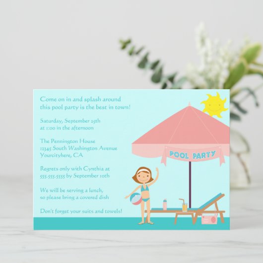 Cute summertime poolparty 5x7 uitnodiging (Staand voorkant)