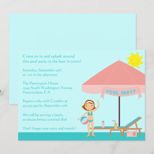 Cute summertime poolparty 5x7 uitnodiging (Voorkant / Achterkant)