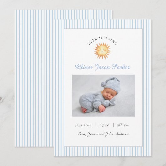 Cute Sun Blue Baby photo Birth  Aankondiging (Voorkant / Achterkant)