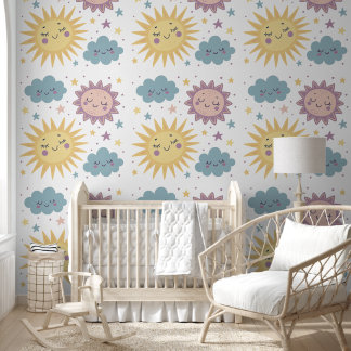 Cute Sun, Cloud, and Stars Illustration – Nursery Behang