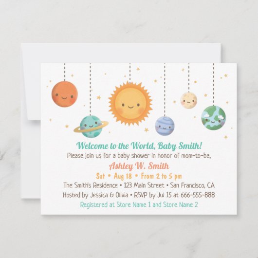 Cute Sun en Planets Baby shower Invitation Kaart (Voorkant)