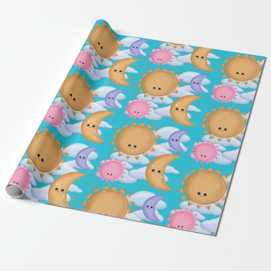 Cute Sun Moon and Cloud Pattern Wrapping Paper Cadeaupapier (Uitgerold)