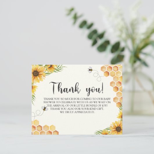 Cute Sunflower Bee Baby Shower Bedankkaart (Staand voorkant)