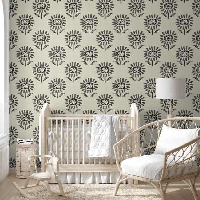 Cute Sunflower Block Print Charcoal Black & Beige Behang (Kinderen)