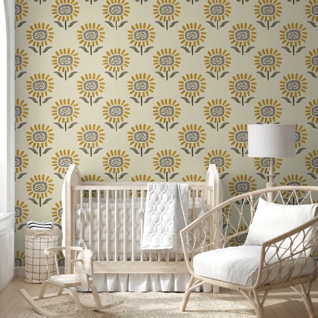 Cute Sunflower Block Print in Mustard & Beige Behang (Kinderen)