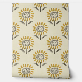 Cute Sunflower Block Print in Mustard & Beige Behang