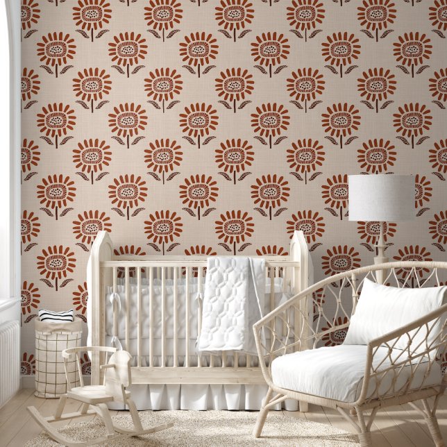 Cute Sunflower Block Print in Terracotta & Beige Behang (Kinderen)