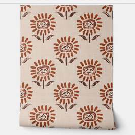 Cute Sunflower Block Print in Terracotta & Beige Behang