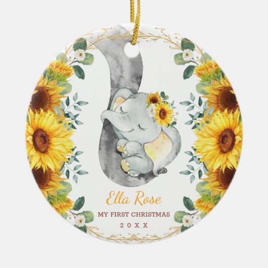 Cute Sunflower Elephant Baby eerste eerste eerste  Keramisch Ornament (Voorkant)