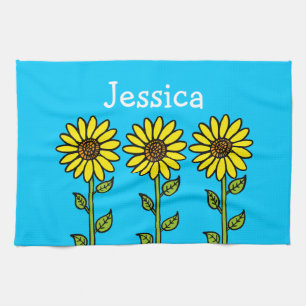 Cute Sunflower Illustration Persoonlijke naam Theedoek