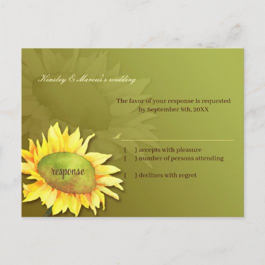 Cute Sunflower Olive Green Wedding RSVP Uitnodiging Briefkaart (Voorkant)